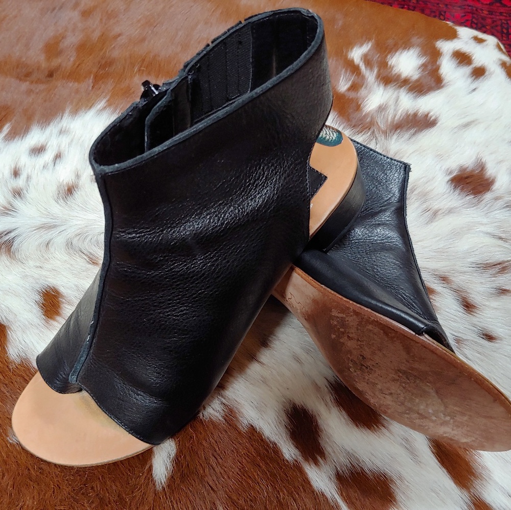 Black Leather Peep Toe Ankle Sandal Bootie